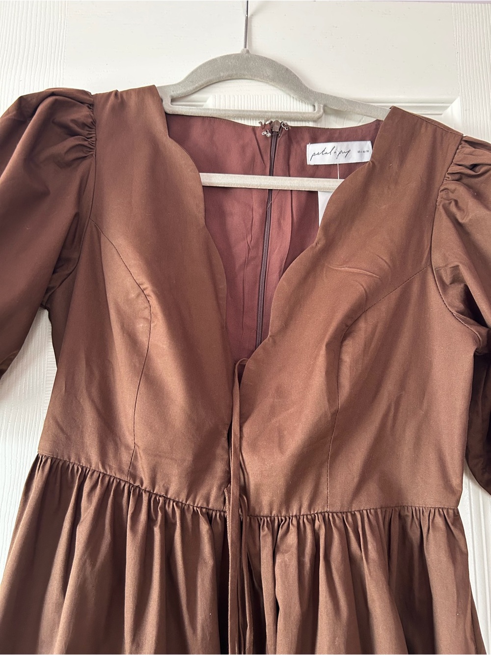 Petal & Pup Copper Brown V-Neck Maxi Dress with Puff Shoulders